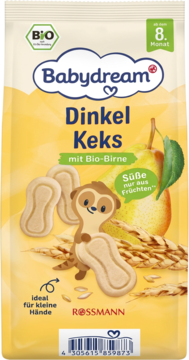 Frontalny widok beżowej paczki Babydream Dinkel Keks z Bio-Birne, z ciasteczkami i rysunkiem surykatki.