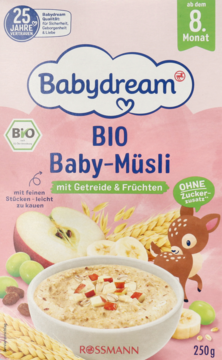 BABYDREAM,musli owocowe, Jabłko Winogrono, Bio, po 8. m-cu życia,przód