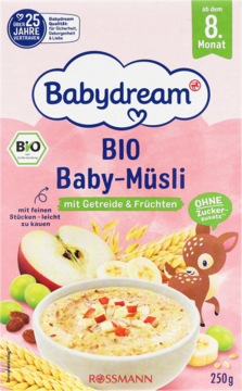 Różowe Babydream BIO Baby-Müsli zbożowo-owocowe bez cukru, dla dzieci od 8. miesiąca, z rysunkiem jelonka.