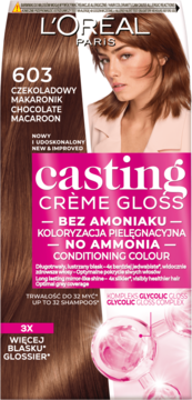 L'Oréal Casting Crème Gloss 603 Chocolate Macaroon, farba bez amoniaku, opakowanie z modelką, widok z przodu.