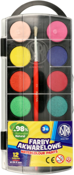 Zestaw 12 farb akwarelowych ASTRA w plastikowym, przezroczystym etui z pędzelkiem, widok z góry.