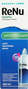 Płyn do soczewek Bausch+Lomb ReNu MultiPlus 360 ml. Granatowo-białe opakowanie z napisem "Multi-Purpose solution", przód.