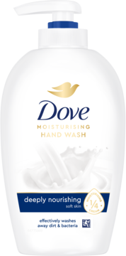 Dove Moisturising Hand Wash, biała butelka z pompką, widok z przodu, 'deeply nourishing' i 1/4 kremu nawilżającego.