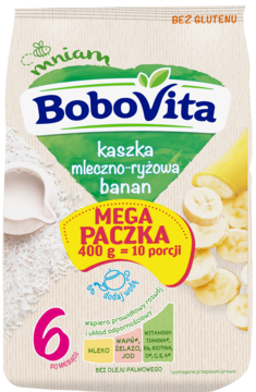 Front opakowania BoboVita kaszki mleczno-ryżowej banan 400g, dla dzieci 6+, z zielonym sercem.