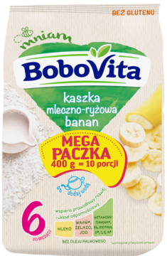 Front opakowania BoboVita kaszki mleczno-ryżowej banan 400g, dla dzieci 6+, z zielonym sercem.