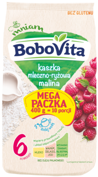 Beżowa torebka BoboVita kaszka mleczno-ryżowa malina 400g, widok z przodu, z malinami i mlekiem.