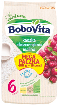 Beżowa torebka BoboVita kaszka mleczno-ryżowa malina 400g, widok z przodu, z malinami i mlekiem.