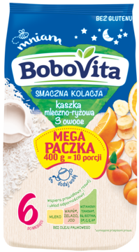 Granatowo-różowa paczka BoboVita kaszki mleczno-ryżowej 3 owoce, 400g, dla 6m+, bez glutenu, z przodu.