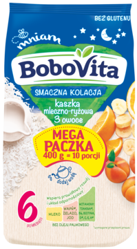 Granatowo-różowa paczka BoboVita kaszki mleczno-ryżowej 3 owoce, 400g, dla 6m+, bez glutenu, z przodu.