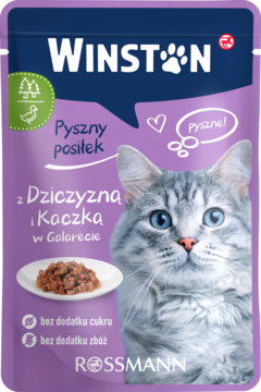 Fioletowa saszetka karmy WINSTON dla kota z dziczyzną i kaczką w galarecie, z wizerunkiem kota i dania.