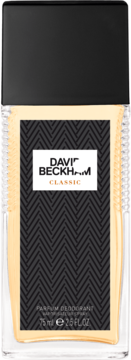 Dezodorant David Beckham Classic w szklanej butelce z czarną etykietą i beżowymi akcentami, widok z przodu.