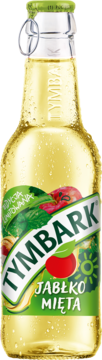 Butelka Tymbark Jabłko Mięta z bąbelkowym napojem, zatrzaskowym zamknięciem i etykietą z jabłkami i miętą. Widok z przodu.