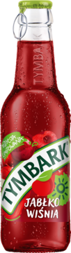 Butelka Tymbark Jabłko Wiśnia, czerwony napój z kropelkami, zielona etykieta z owocami, zamykanie na klips.