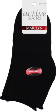 Czarne skarpetki Marilyn active socks, nieuciskające, z czerwoną etykietą "nie uciskają", widok z przodu.