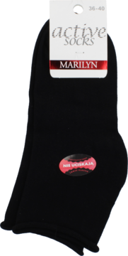 Czarne skarpetki Marilyn active socks, nieuciskające, z czerwoną etykietą "nie uciskają", widok z przodu.