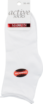 Białe skarpetki Marilyn active socks, rozmiar 36-40, z etykietą "NIE UCISKAJA", zapakowane, widok z przodu.