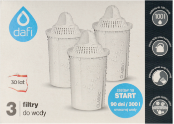 Opakowanie 3 białych filtrów Dafi Classic do wody, redukujące chlor i twardość, widok z przodu.