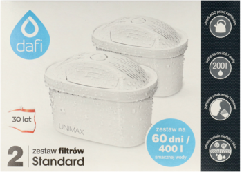 Pudełko z dwoma białymi filtrami wody Dafi Standard UNIMAX. Widok z przodu, z niebieskimi detalami.