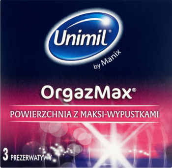 Ciemne pudełko prezerwatyw Unimil OrgazMax z maxi-wypustkami, z przodu różowy blask, opakowanie 3 sztuk.