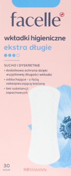 Facelle wkładki higieniczne ekstra długie, 30 sztuk, różowe opakowanie, widok z przodu, z białą wkładką.