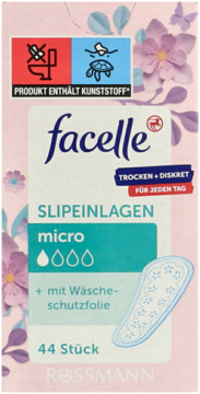 Różowe opakowanie wkładek Facelle micro 44 szt., z wzorem kwiatowym i ostrzeżeniem o plastiku, widok z przodu.