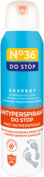 Niebieski antyperspirant do stóp N&deg;36 w sprayu, front, zapewnia 24h ochronę przed potem i zapachem.