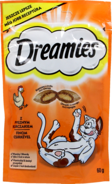 Pomarańczowa saszetka Dreamies z kurczakiem dla kota, 60g, z rysunkiem kota i smaczków, widok z przodu.