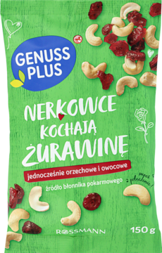 Zielona torebka Genuss Plus Nerkowce Kochają Żurawinę Rossmann, 150g, z widocznymi nerkowcami i żurawiną, widok z przodu.