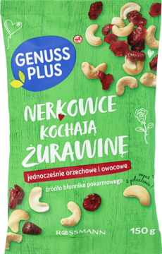 Zielona torebka Genuss Plus Nerkowce Kochają Żurawinę Rossmann, 150g, z widocznymi nerkowcami i żurawiną, widok z przodu.