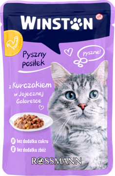 Winston karma dla kota, pyszny posiłek z kurczakiem w galaretce jajecznej, fioletowa saszetka z kotem.