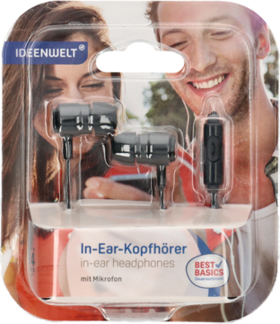 Słuchawki dokanałowe Ideenwelt, czarne, z mikrofonem, w blistrze z parą w tle, widok z przodu.
