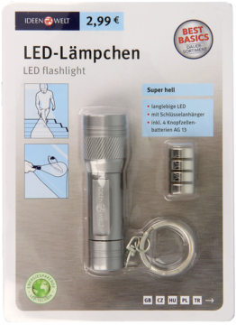 Kompaktowa srebrna latarka LED z brelokiem i 4 bateriami AG-13, widoczna w przezroczystym blistrze.