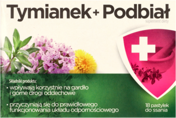 Front opakowania Tymianek+Podbiał, suplementu na gardło. Zielono-białe z ilustracjami fioletowych i żółtych kwiatów.