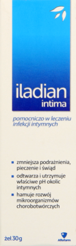 Iladian Intima żel 30g, białe opakowanie z gradientowym niebieskim tłem, opis działania na infekcje intymne.