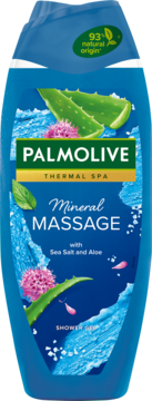 Palmolive Thermal Spa Mineral Massage żel pod prysznic, niebieska butelka z aloesem i solą morską, 93% nat. pochodzenia, widok z przodu.
