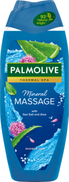 Palmolive Thermal Spa Mineral Massage żel pod prysznic, niebieska butelka z aloesem i solą morską, 93% nat. pochodzenia, widok z przodu.