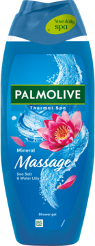 Niebieski żel Palmolive Thermal Spa Mineral Massage, z różową lilią wodną i solą morską, widok z przodu.