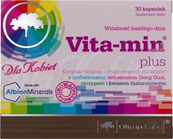 Różowe pudełko Vita-min plus Dla Kobiet, 30 kapsułek, z kolorowym drzewem i napisem "Made with AlbionMinerals".