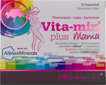 Białe opakowanie Vita-min plus Mama, suplement dla kobiet w ciąży, z sylwetką, logo Albion Minerals i tęczowym gradientem.