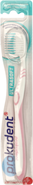 Biało-różowy czyścik do języka Prokudent ULTRASOFT z ergonomicznym uchwytem, w blistrze.
