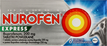 Nurofen Express 200 mg, szare opakowanie tabletek przeciwbólowych z czerwonym logo, widok z przodu, 6 sztuk.