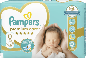 Jasnoniebieskie opakowanie pieluszek Pampers Premium Care rozmiar 0 (<3kg), z wizerunkiem noworodka w dłoniach.