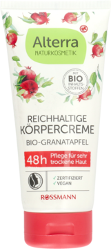 Alterra Bio-Granatapfel Krem do ciała w białej tubce, pielęgnacja suchej skóry 48h, widok z przodu.