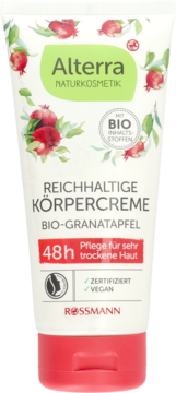Alterra Bio-Granatapfel Krem do ciała w białej tubce, pielęgnacja suchej skóry 48h, widok z przodu.
