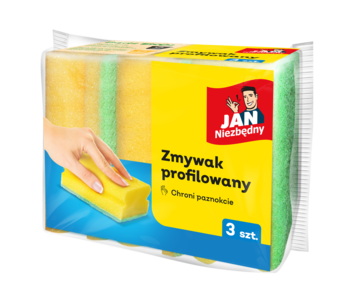 Zmywaki profilowane Jan Niezbędny, 3 szt. żółto-zielone, chroniące paznokcie. Opakowanie, widok z przodu.