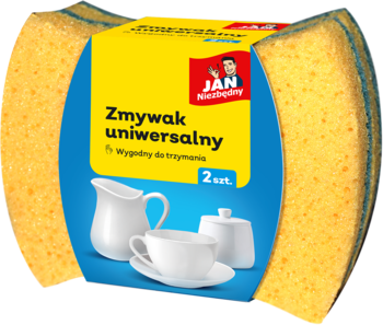 Żółte zmywaki uniwersalne JAN Niezbędny (2 szt.) do naczyń, w niebiesko-żółtym opakowaniu. Widok z przodu.