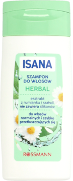 Biały szampon ISANA Herbal, butelka z zieloną etykietą i rumiankami, widok z przodu, szampon do włosów normalnych.
