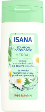Biały szampon ISANA Herbal, butelka z zieloną etykietą i rumiankami, widok z przodu, szampon do włosów normalnych.