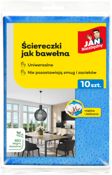 Niebieskie ściereczki uniwersalne Jan Niezbędny, 10 szt., miękkie jak bawełna, bez smug, widok przód.