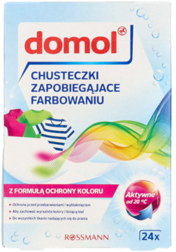 Domol Chusteczki zapobiegające farbowaniu, białe opakowanie, widok z przodu. Kolorowe grafiki odzieży i bąbelki.